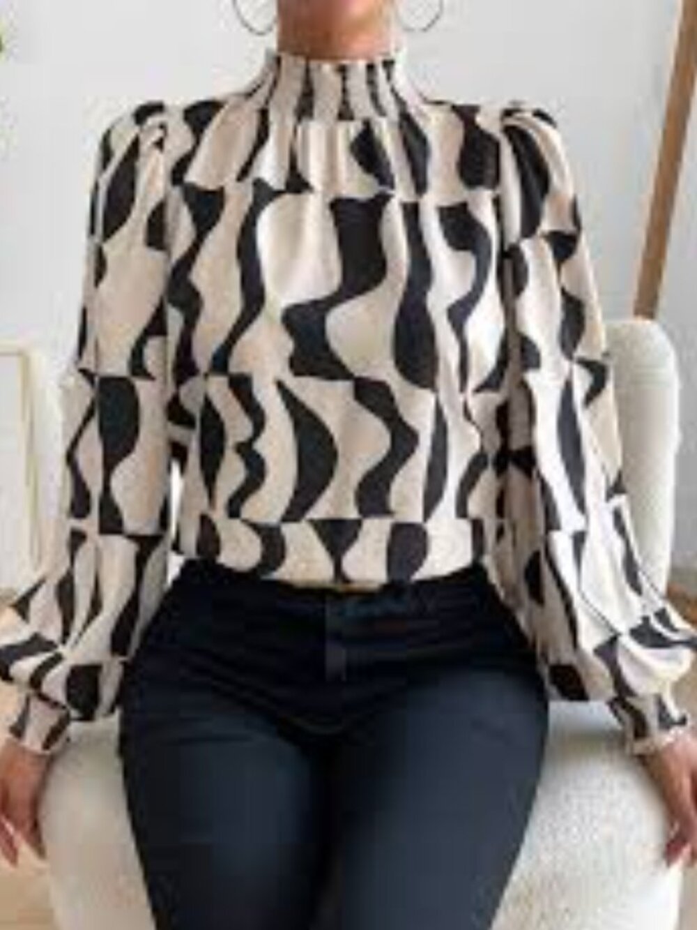 Shein allover print mock neck lantern sleeve blouse size XS